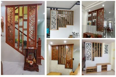 Vách ngăn cầu thang đẹp bằng lan gỗ