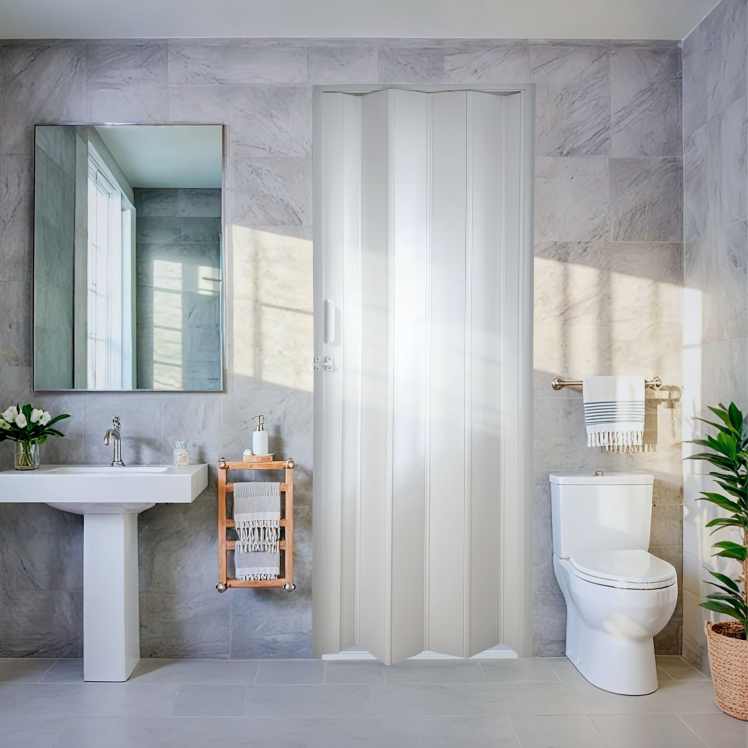 Cửa xếp nhựa nhà vệ sinh màu trắng tiết kiệm diện tích